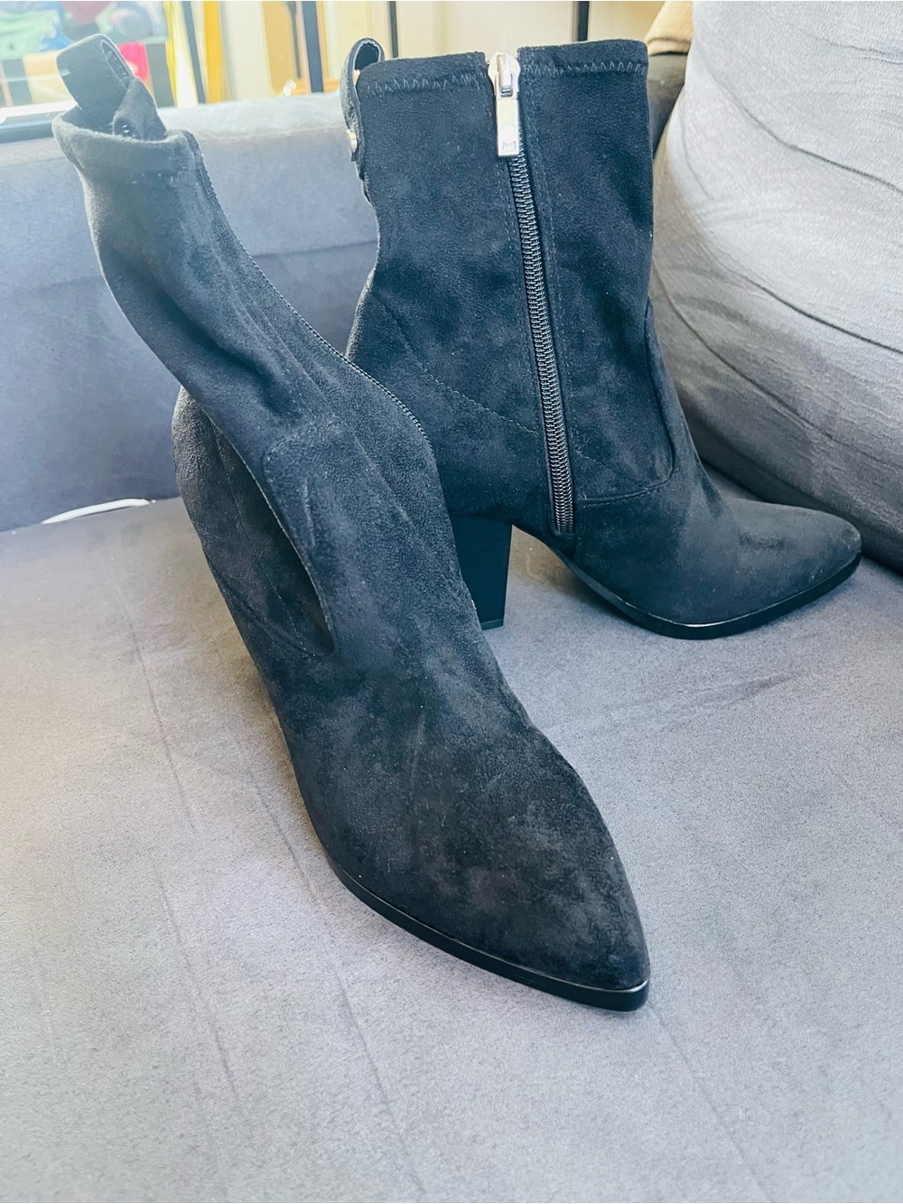 Marc Fisher Black Suede Pointed Ankle Booties with Block Heel